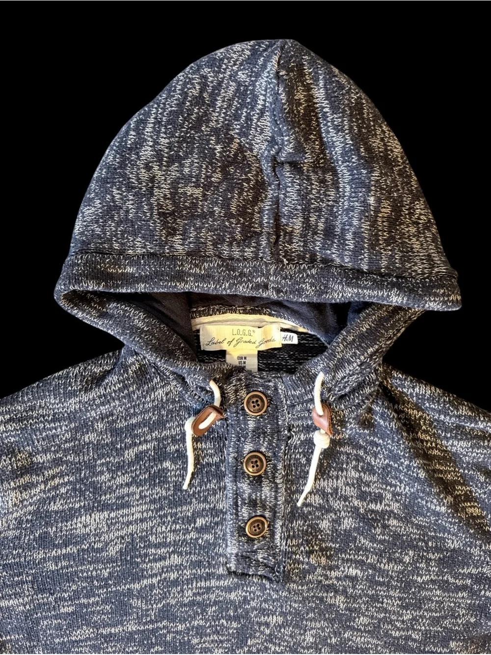 H&M L.O.G.G. Mens M Blue Marled Knit Henley Hoodie Sweater Kangaroo Pocket